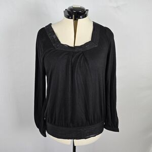 a.n.a Pullover Blouse Women's L Black Sequin Trim Square Neck Long Sleeve